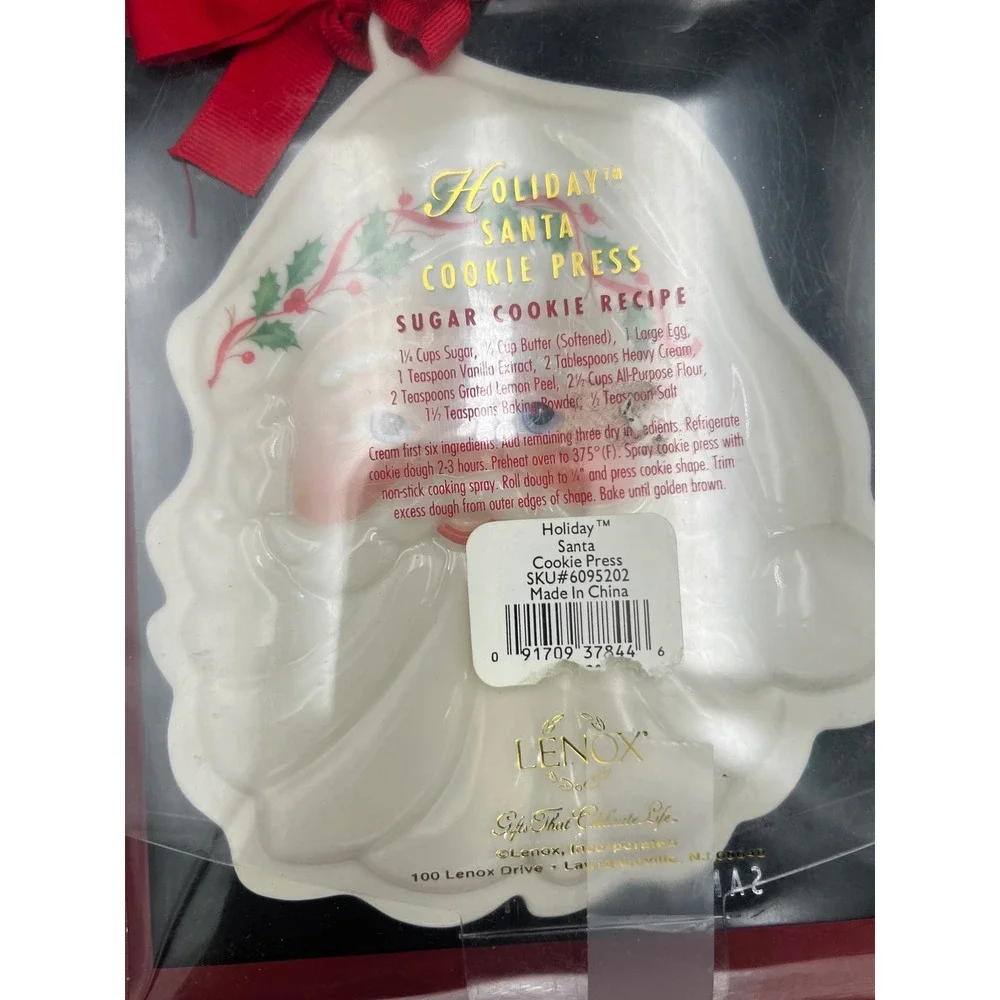 Lenox Holiday Santa Cookie Press Stoneware Christmas Decor 6095202 Cream Red Bow